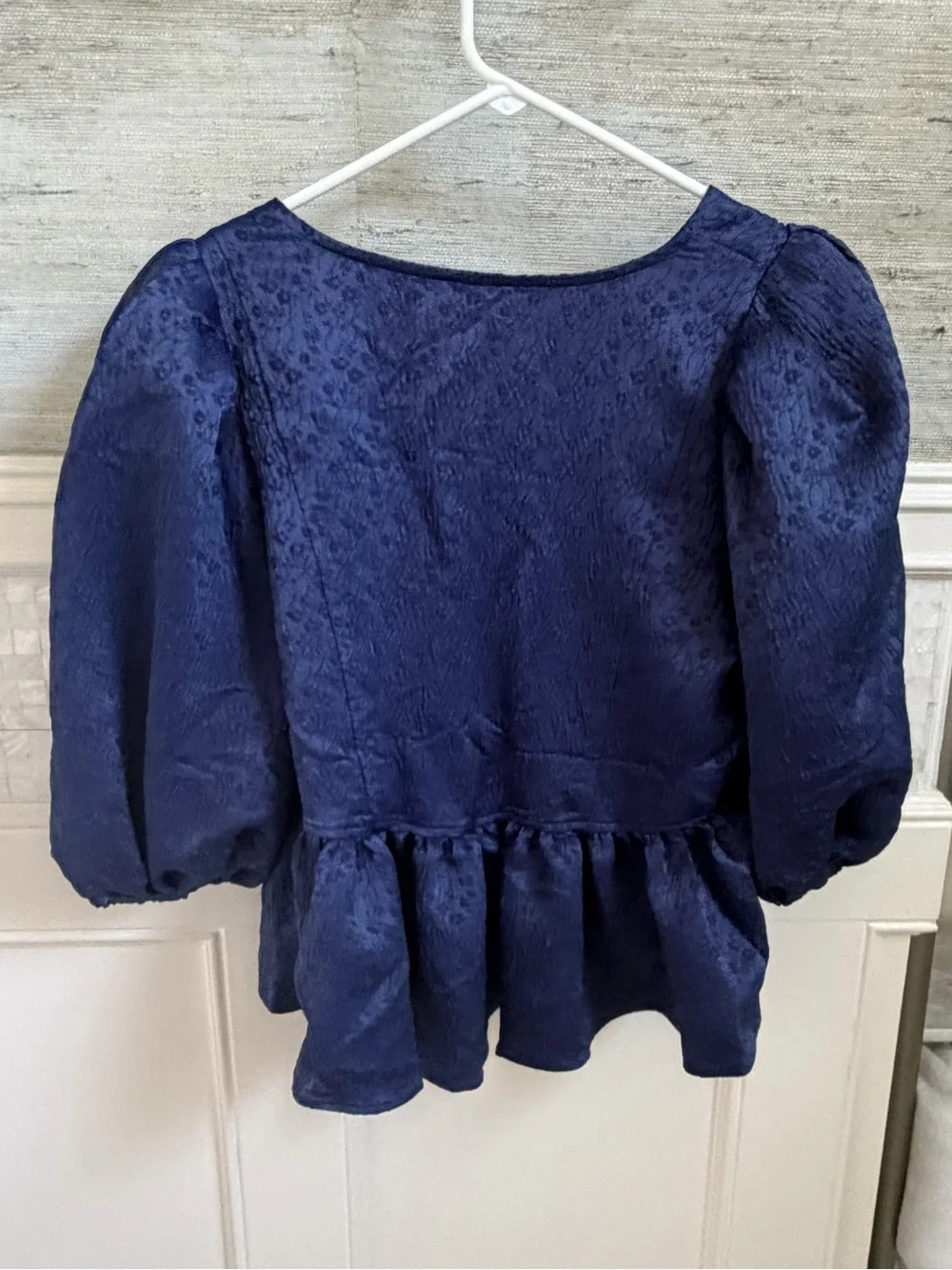 NWT new medium free people Pamela bow blouse top blue buttons puff sleeves